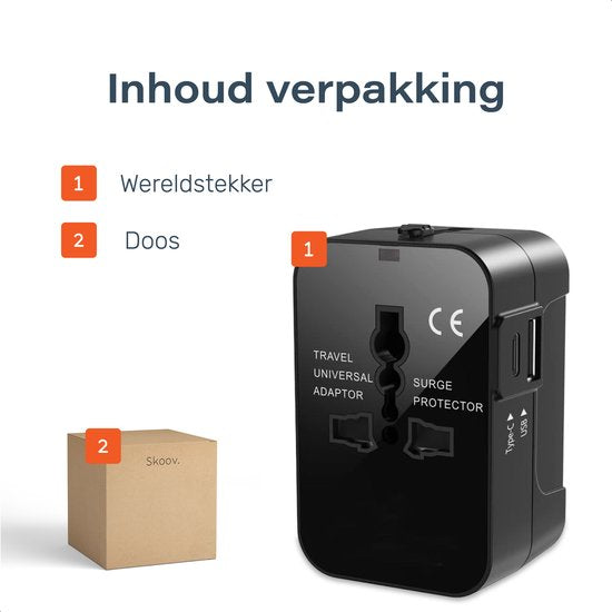 Universal World Plug 150+ Länder - International - Konvertierung - Reisestecker - Adapter - Für Amerika, Südamerika, England (UK), Asien, Europa, Afrika, Italien, Thailand, Curacao - 2x USB-C und 2x USB-A - Typ G, Leichtgewicht - Skoov