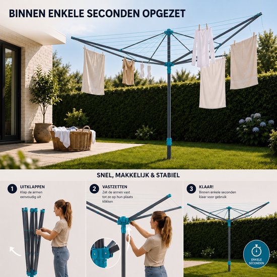 Vonia Wäschetrockner – Wäscheständer – Wäschetrockner mit Bodenanker – 45 Meter Trocknungslänge – Grau/Türkis