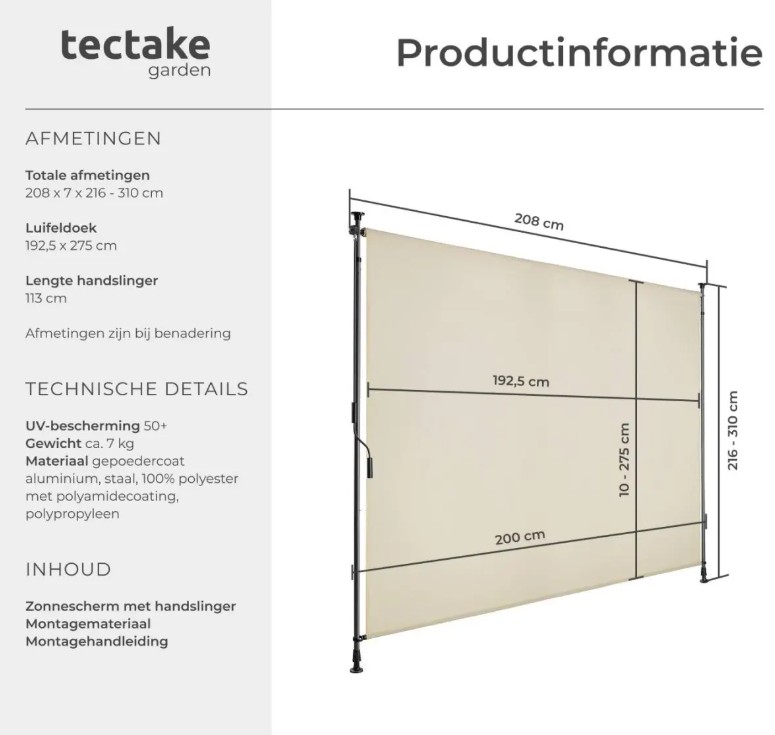 tectake Sonnenschutz Taija – Klemmmarkise mit Kurbel – 200 x 310 cm – UV50+ – Beige
