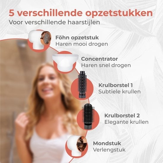 Nuvance - Haartrocknerbürste - mit 5 Aufsätzen - Lockenbürste - 600W - Weiß/Rosa