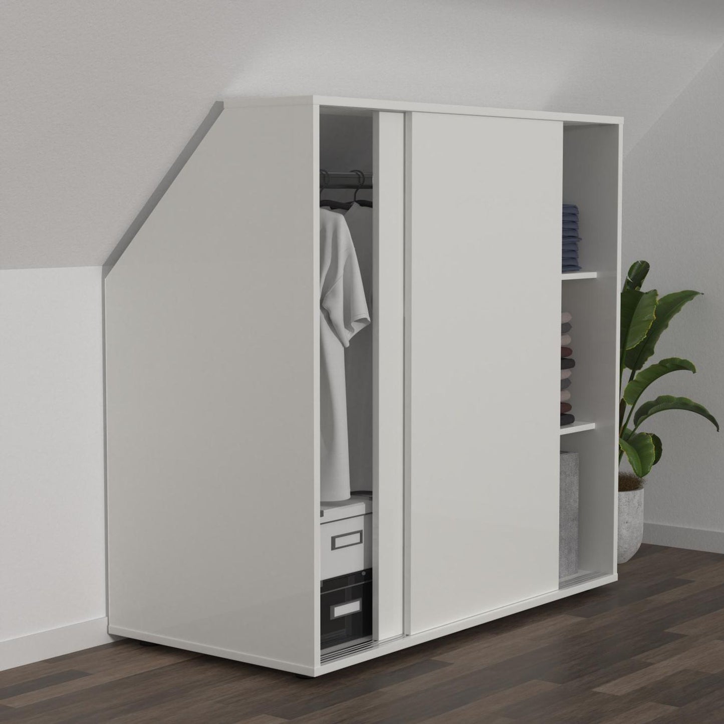 VDD Schrägwandgarderobe Kleiderschrank - weiß - 100x100x50 cm - Schiebetüren - Einlegeböden und Kleiderstange