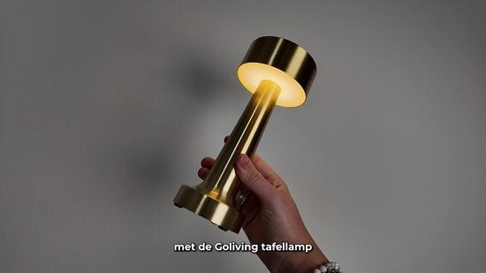 Goliving Tischlampe Wiederaufladbar - Kabellos und dimmbar - Moderne Touch-Lampe - Nachtlampe für das Schlafzimmer - 21 cm - Gold