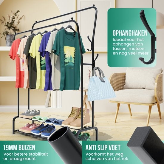 Avalo Industrial Clothes Rack Double Rod - Metall - 110x33x150 CM - Schwarz - Lagerung für Schuhe - Garderobe Rack mit Haken
