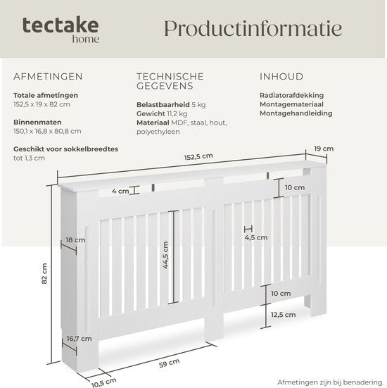 tectake Heizkörperverkleidung - Heizkörperverkleidung - Heizkörperpaneel - Heizkörperverkleidung - Heizkörperverkleidung - Lattenrost, mit Ablagefläche - Teilungsmaße - 152,5x19x82cm - weiß