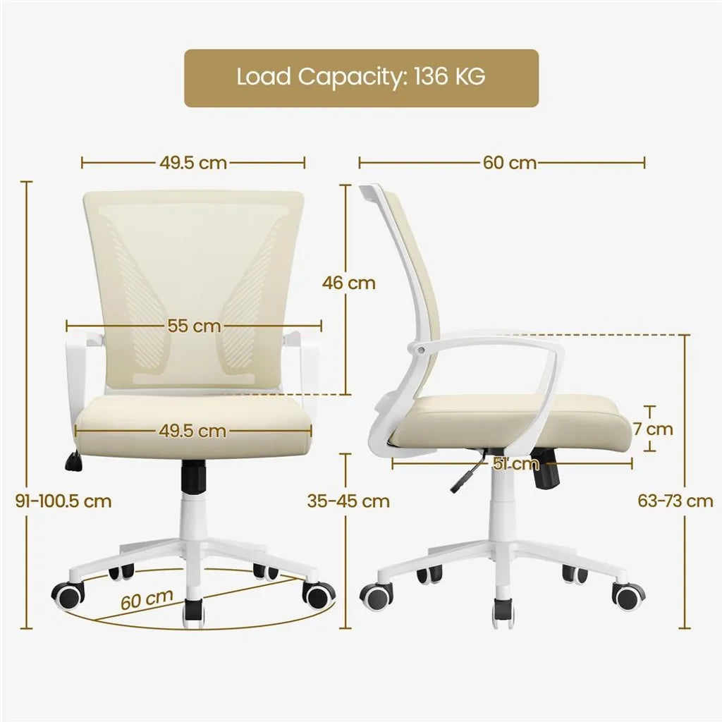 Yaheetech Ergonomischer Bürostuhl 60 x 60 x 91–100,5 cm – Beige – Verstellbarer Drehstuhl mit Netzrückenlehne