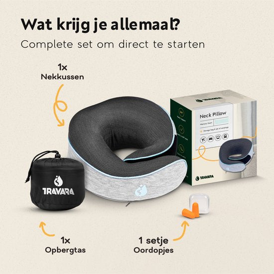 TRAVARA Nackenkissen - Reisekissen - Für Flugzeug - Auto - Memory Foam - Mit Ohrstöpseln - Grau