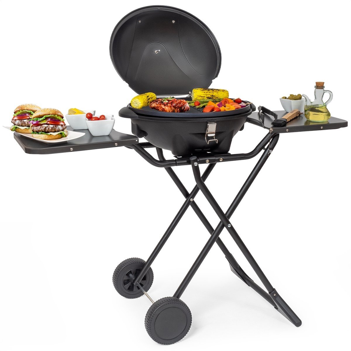 KitchenBrothers Elektrogrill - mit Rädern - klappbar - Antihaftbeschichtung - 46,5 x 33,8cm - bis zu 250Â°C - 2400W - Schwarz