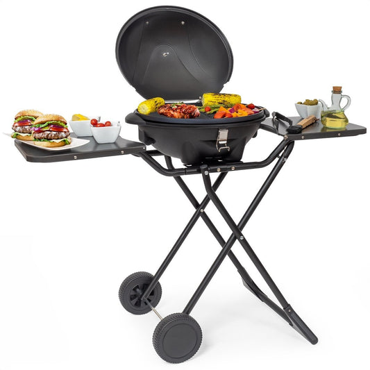 KitchenBrothers Elektrogrill - mit Rädern - klappbar - Antihaftbeschichtung - 46,5 x 33,8cm - bis zu 250Â°C - 2400W - Schwarz