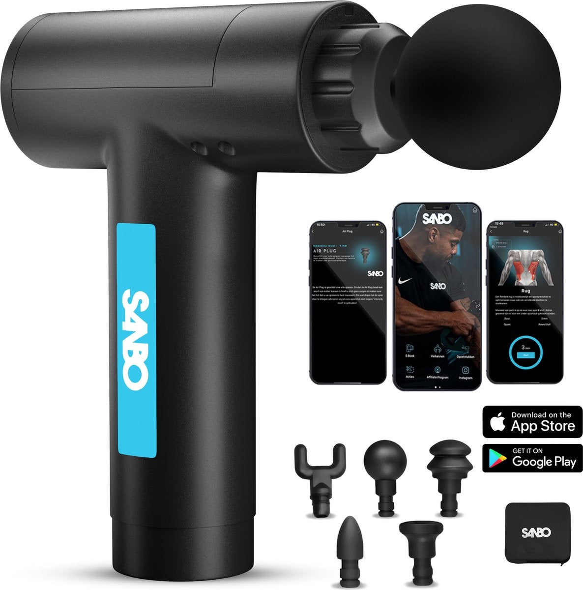 Sanbo Massage Gun Prime - Sport- und Entspannungsmassage - Profi - Inklusive Etui & App - Massagegerät - Fitness - Schwarz/Blau
