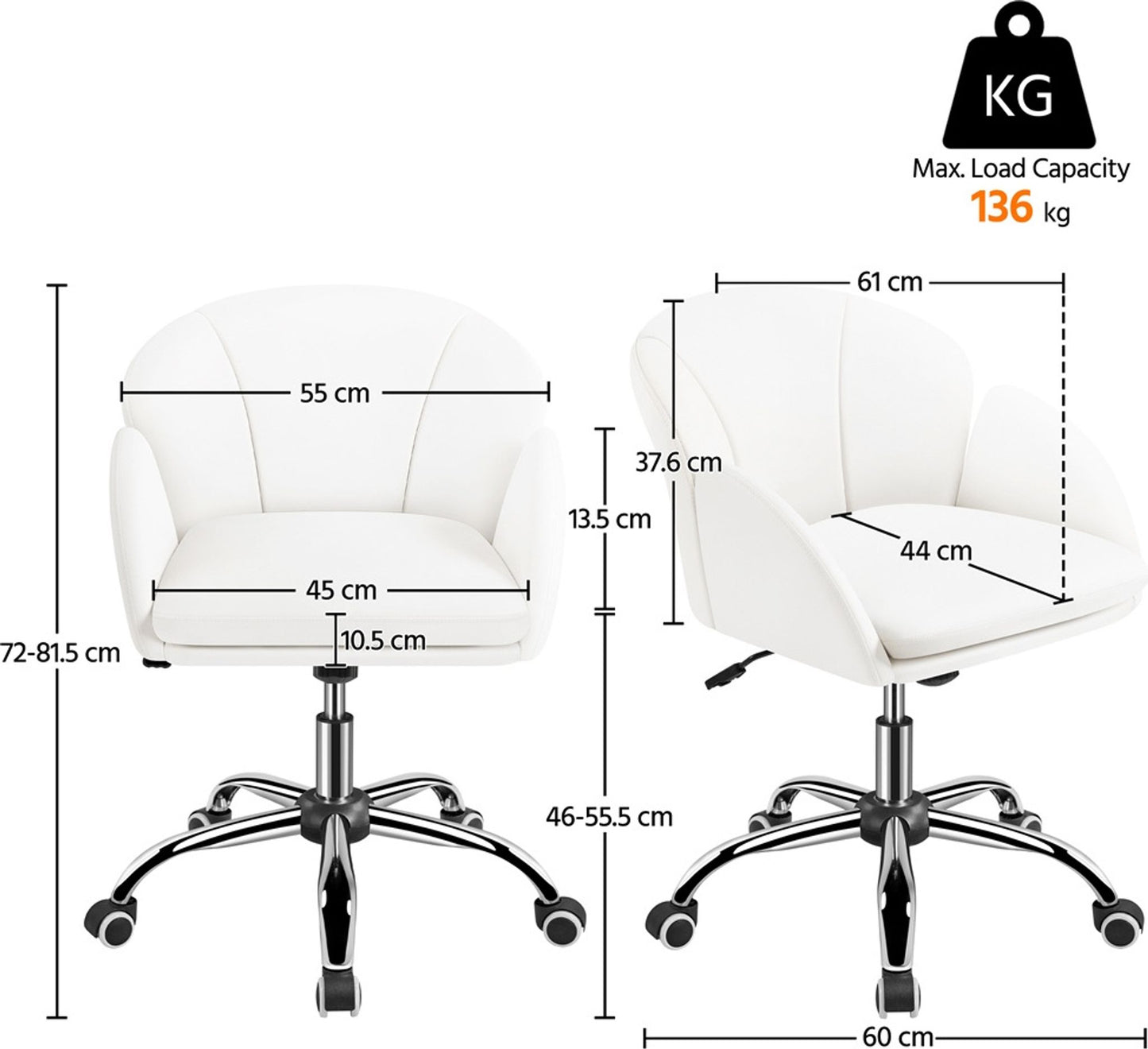 Yaheetech Bürostuhl, Drehstuhl mit Rollen – höhenverstellbar – Kunstleder – Belastbarkeit bis 136 kg – 60 x 61 x 72–81,5 cm – Weiß