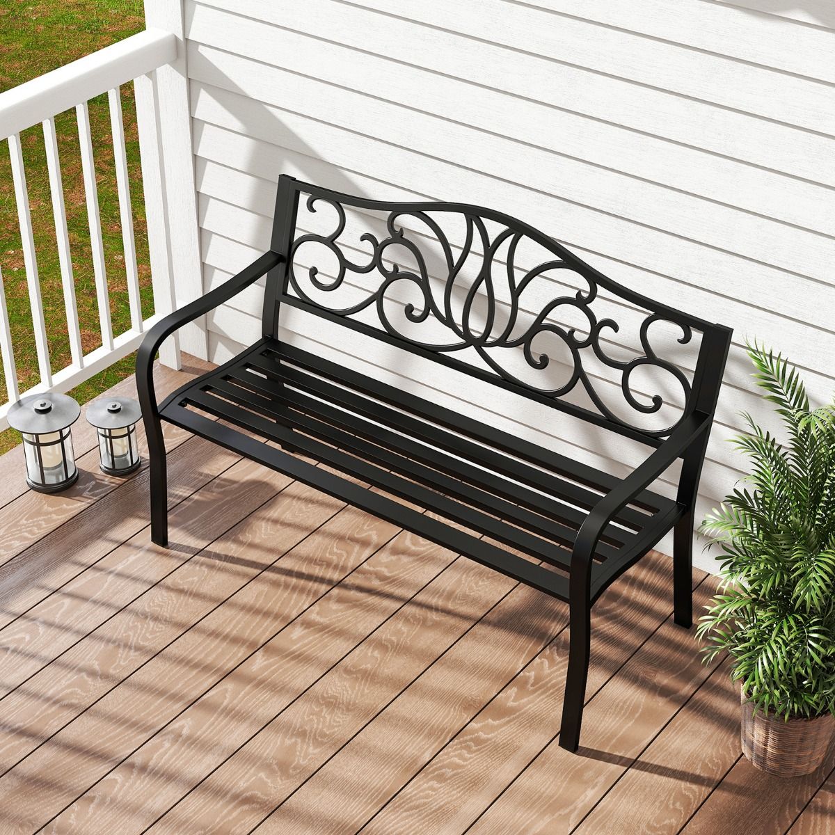 coast Gartenbank Schwarz - Gusseisenrücken mit Blumenmuster - 127 x 61 x 89 cm - 2-3 Personen Terrassenbank mit Armlehnen