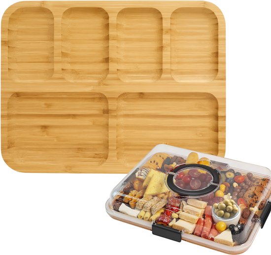 Latium Snackbrett aus Bambusholz inklusive Deckel mit Griff – Luxuriöses Tapas-Brett – Servierbrett – Inklusive kostenlosem E-Book – Weihnachtsgeschenk für Frauen oder Männer