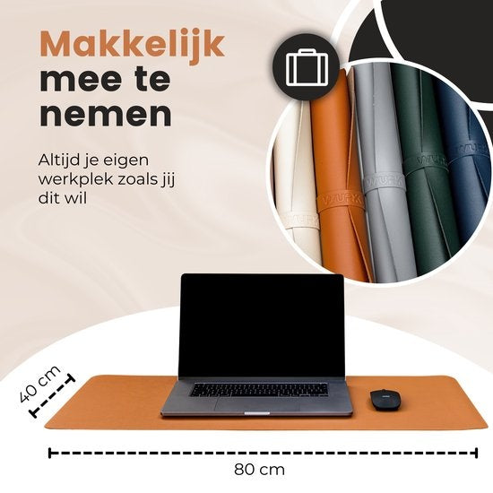 WURK Professional Schreibtischunterlage Kunstleder - Schreibtisch-Organizer - Schreibtischzubehör - Mauspad XXL- Inklusive Kabelclip - 80x40 - Cognacbraun