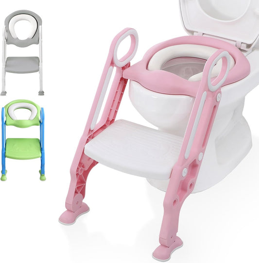 LifeGoods - Toilettensitzverkleinerer - Toilettentrainer mit Treppe - Töpfchen Kleinkind - 2 bis 7 Jahre - Rosa/Weiß