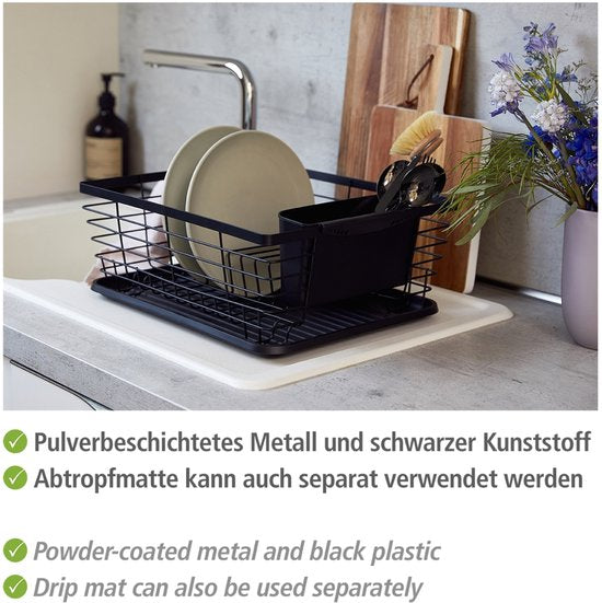 WENKO Abtropfgestell „Drip“, schwarz, 36 x 30 cm, mit Auffangschale und Besteckhalter – Geschirrabtropfgestell – Abtropfgestell mit Auffangschale, schwarz