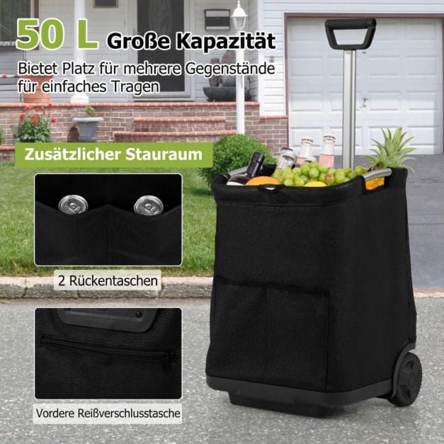 Coast Shopping Trolley Schwarz - faltbarer 50L Einkaufswagen mit 3 Fächern und verstellbarem Griff - 40 x 36 x 58/90 cm