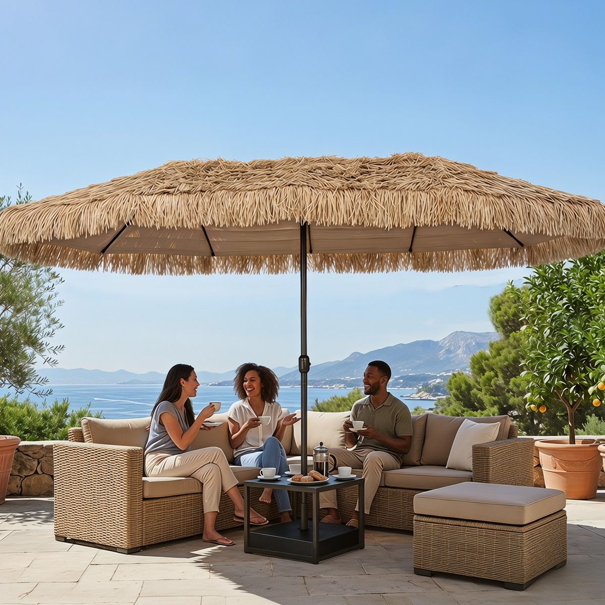 Coast Doppel-Strohsonnenschirm – tropischer Hawaii-Stil – ohne Lampe, ohne Sonnenschirmständer – 450 x 270 cm – naturfarben