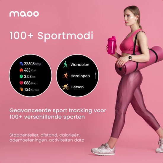 Maoo Ventura AMOLED Smartwatch - Edelstahl - 3x Silikonband - Schrittzähler, Herzfrequenzmesser und Schlafüberwachung - Multisport - Für Android und iOS - Damen - Rose Gold/Pink