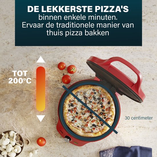 Princess Pizza Maker 115007 – Pizzaofen – Einstellbarer Thermostat bis 220 °C – Rot – Ø 30 cm – auch als Tischgrill verwendbar – für frische und Tiefkühlpizzen