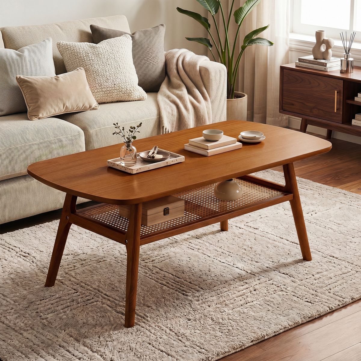 Coast Couchtisch – mit Stauraum aus Rattan – rechteckig – Nussbaum