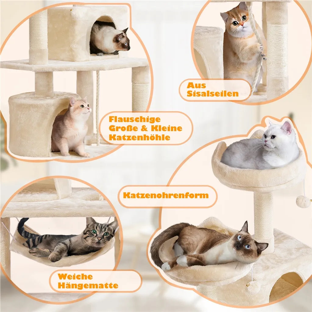 Yaheetech Kratzbaum Beige - 158 cm hoch - Mit 2 Plattformen, 2 Katzenhäusern und 5 Sisal-Kratzbäumen