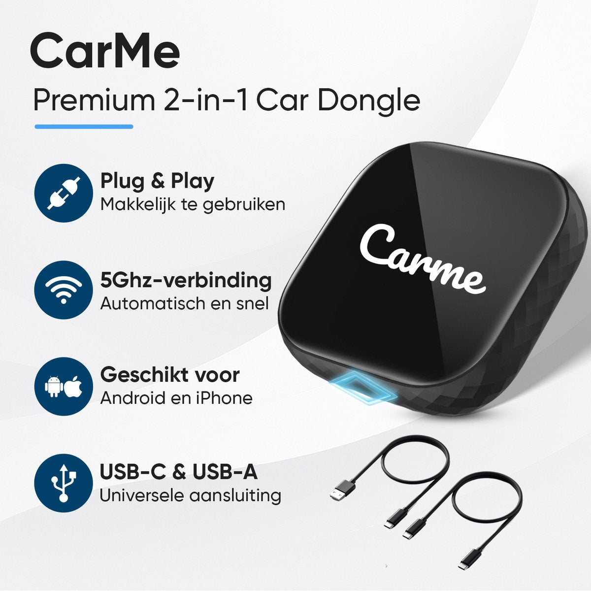 CarMe Premium 2-in-1 CarPlay Dongle - Kabelloses CarPlay & Android Auto - USB-A & USB-C - 5GHz Verbindung - Automatisches Pairing - Schwarz