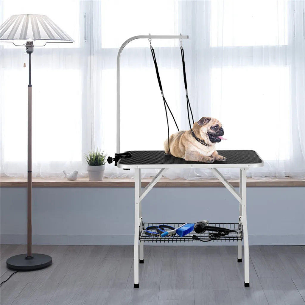 Yaheetech Hundepflege-Tisch 91 x 61 x 80 cm – Schwarz – Zusammenklappbarer Pflege-Tisch mit verstellbarem Pflegearm und Aufbewahrungskorb