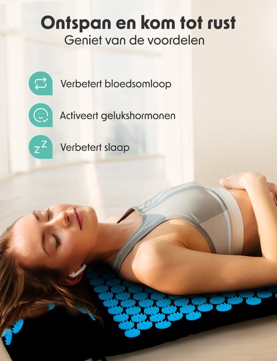 LifeGoods Akupressurmatte mit Kissen - Shakti Matte - Nagelmatte inkl. 2x Triggerpunkt Ball - 66x40x2cm - Schwarz/Türkis