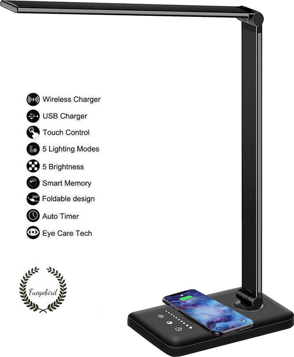 Fuegobird EK009 LED-Schreibtischlampe - kabelgebunden - kabelloses Laden für Telefon - dimmbar - klappbar - Smart Touch - Qi-Technologie - Schwarz