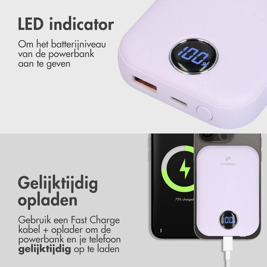 imoshion Powerbank 10000 mAh - Geeignet für MagSafe - Schnellladegerät 22,5W - LED-Anzeige - USB C & USB A - Kabellose Powerbank Geeignet für iPhone 12/13/14/15/16 - Flieder
