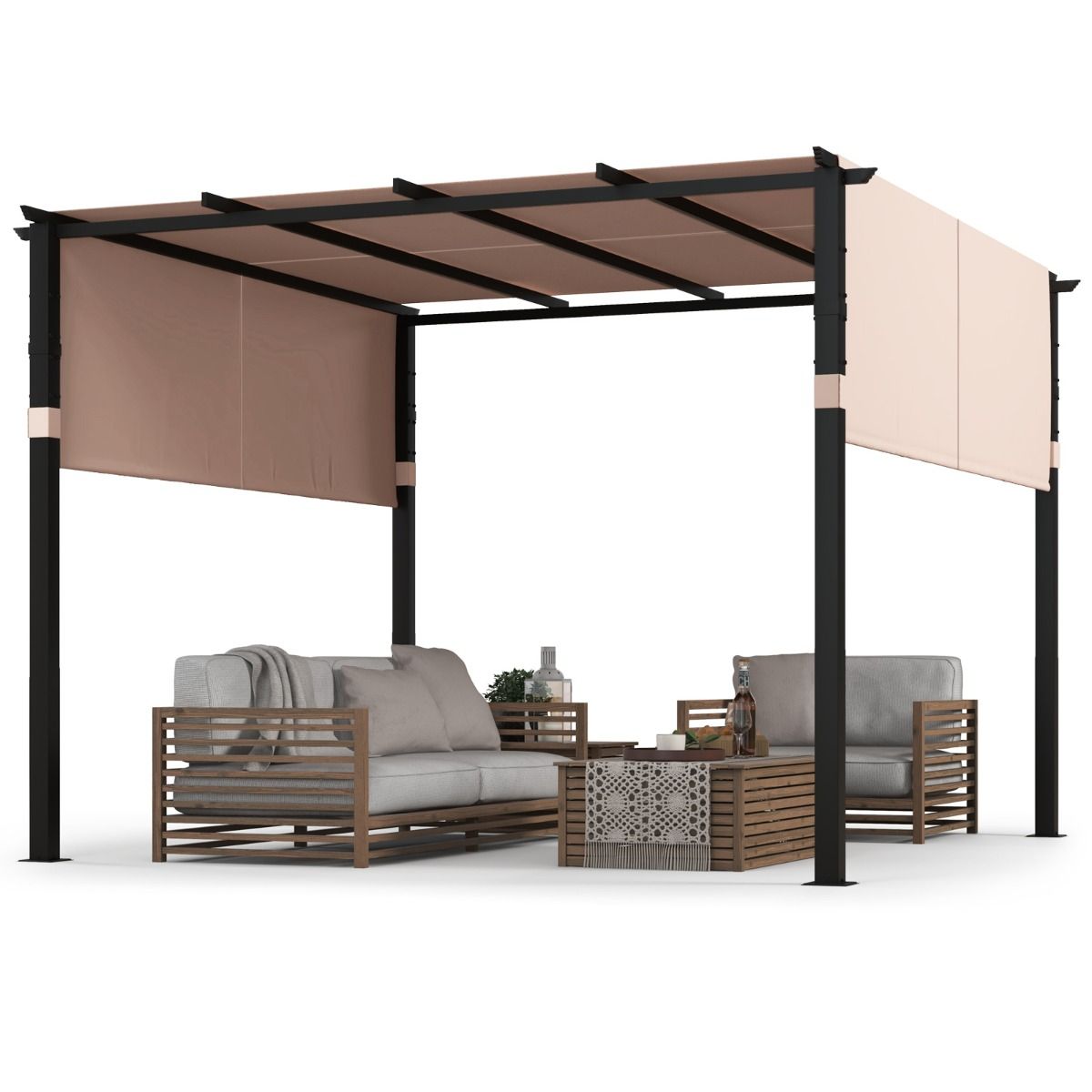 Coast Pergola - 305 x 305 cm - Beige - Flachdach und einziehbarer Sonnenschirm - Luxuriöse Metall-Gartenüberdachung mit 2 verstellbaren Sonnenschirmen