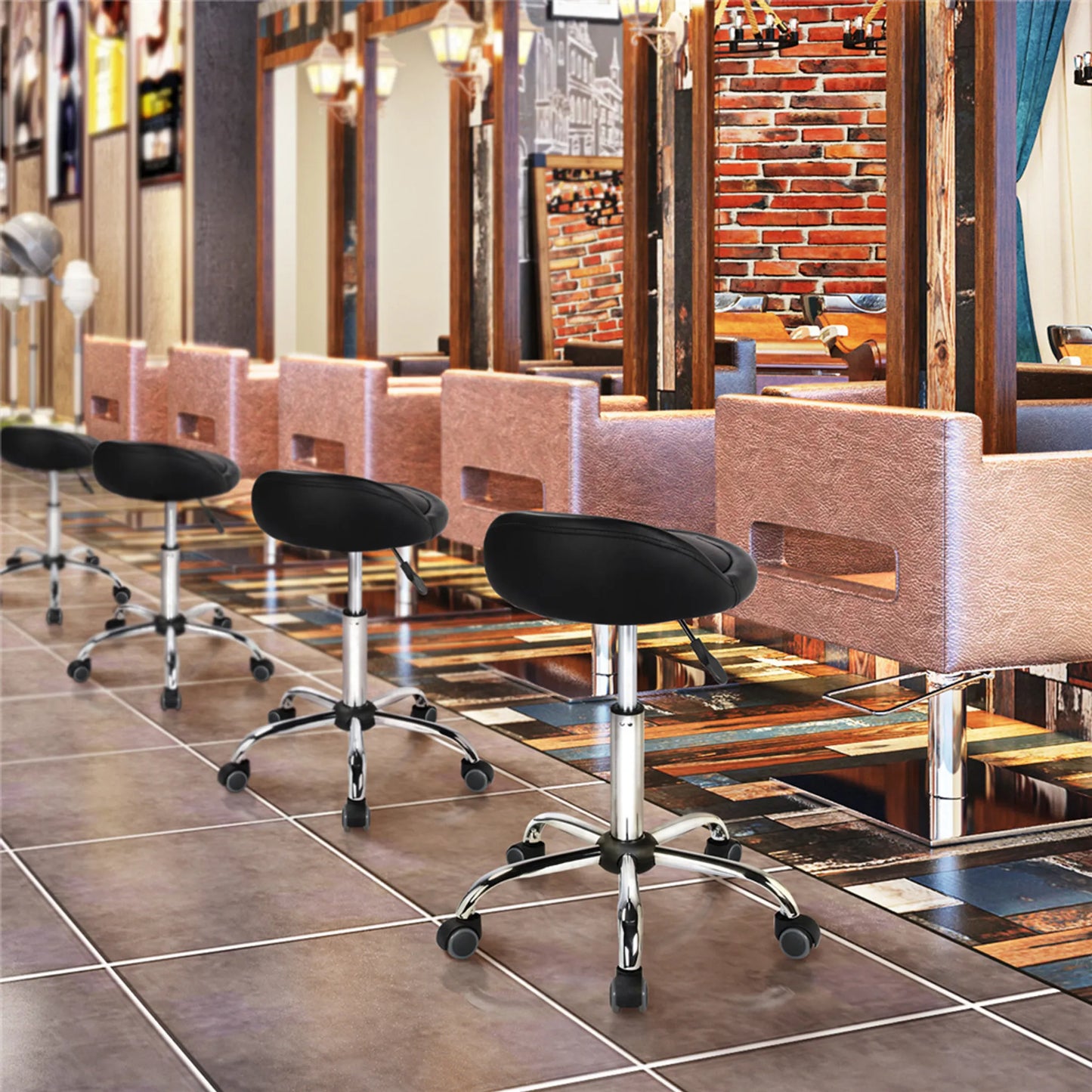 Yaheetech Barhocker auf Rädern mit Rückenlehne - Mit höhenverstellbarem Gaslift und 360° drehbarem Sitz und Chromgestell - Für Kücheninsel und Lounge - Schwarzes PU-Kunstleder und Metall - 52 x 52 x 55,5-70 cm