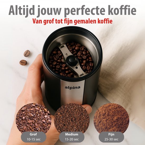 alpina Elektrische Kaffeemühle 200 W – Kaffeemühle für 70 g Kaffeebohnen – Kaffeemühle mit Edelstahlmessern – Mühle mit Sicherheitsverriegelung – Schwarz