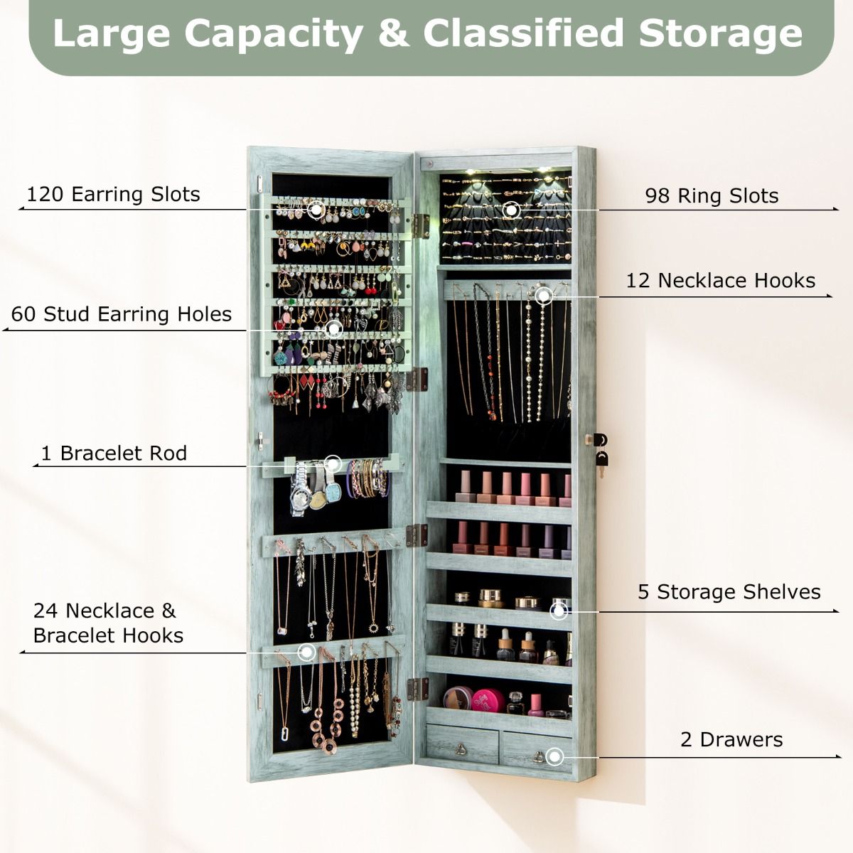 Coast Schmuckschrank mit LED-Beleuchtung – abschließbarer Spiegelschrank – ausklappbares Schminktablett – grün – 120 x 35,5 x 10 cm