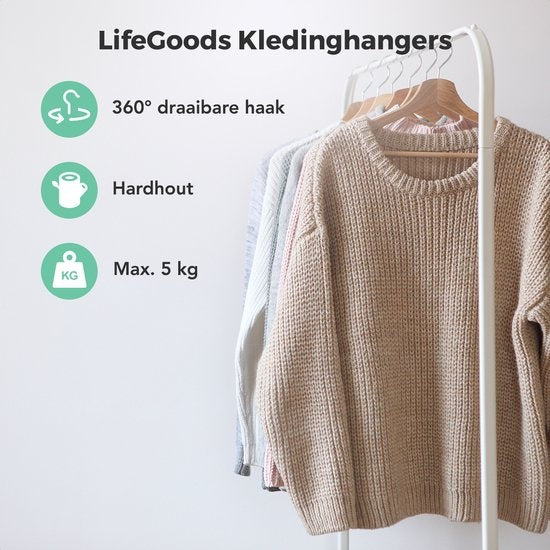 LifeGoods Kleiderbügel - Mit Hosenstange - Hartholz - Natürlich - 30 Stück
