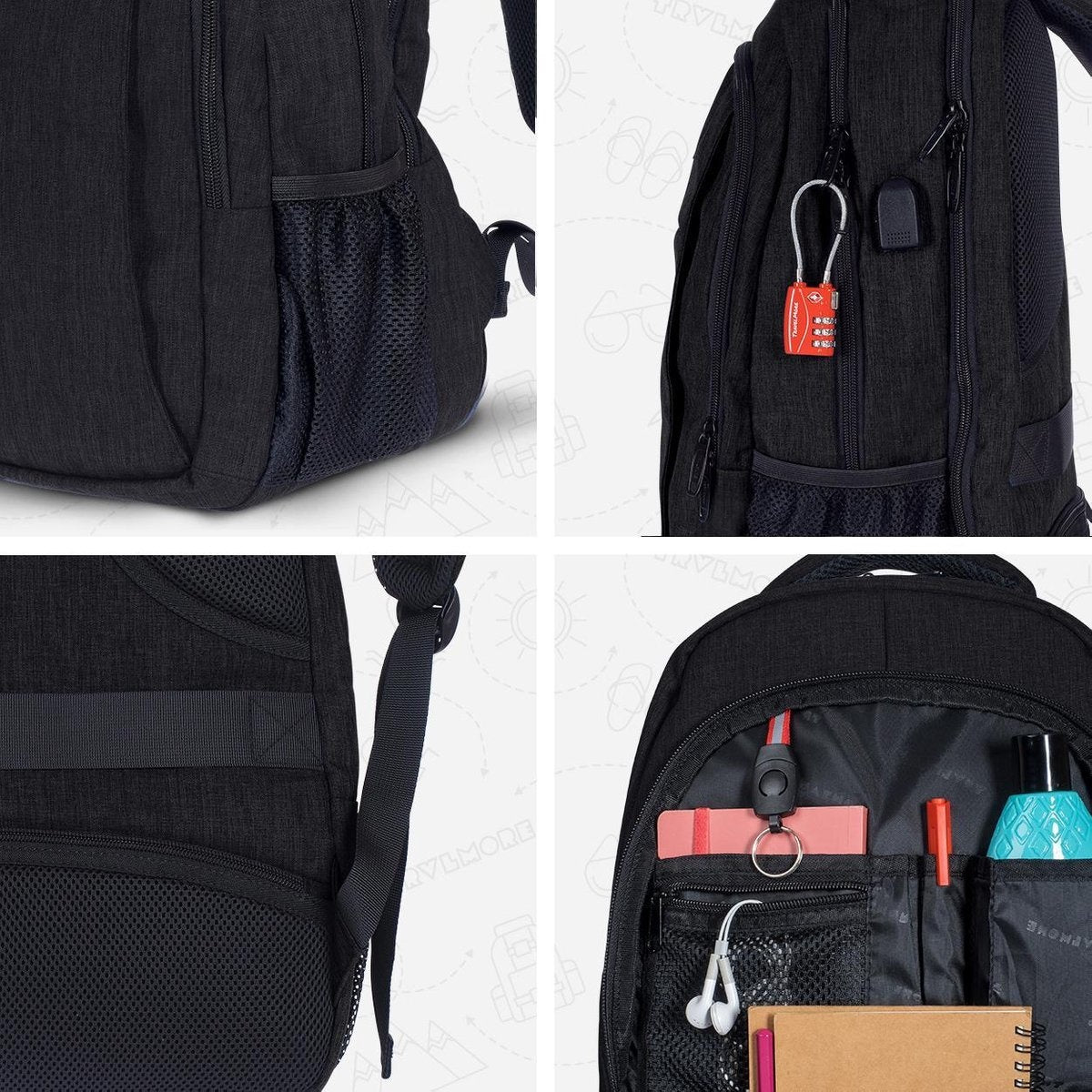 TRVLMORE Rucksack - 36L - 17.3 Zoll - Laptop-Rucksack - Schultasche - Unisex - Spritzwassergeschützt Schwarz