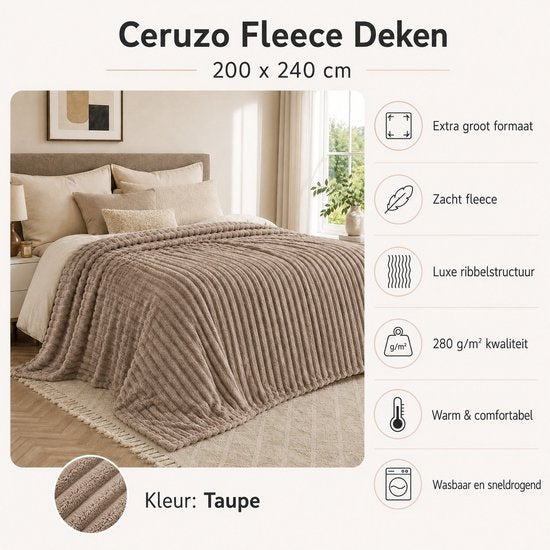 Ceruzo Fleece-Decke 200 x 240 cm – XXL-Plaid – Taupebraun – Weiches Fleece – Tagesdecke für Doppelbett