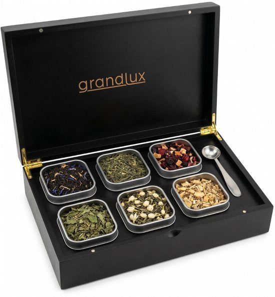 Grandlux Teebox mit 6 Fächern – Teebox für losen Tee – Edelstahl-Löffel – 100 % FSC-zertifiziertes Bambus – 6 Teedosen – Tee-Organizer – Teebox – Schwarz