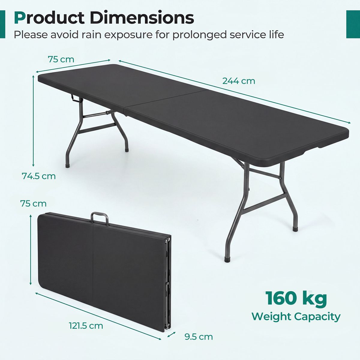 Coast Klapptisch für den Garten – für 10 Personen geeignet – Tragegriff – schwarz – 244 x 75 cm