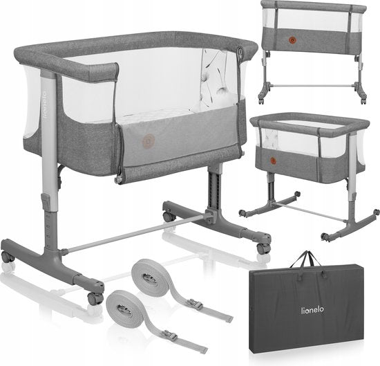 Lionelo Aurora 3-in-1-Beistellbett – Babybett bis 9 kg – Mitwachsbett – 4 Rollen mit Bremse – Reisebett – Höhenverstellbar – Atmungsaktives Netzgewebe – Inklusive Matratze und Transporttasche – Abnehmbarer Bezug