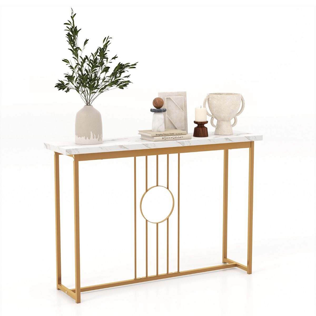Coast Beistelltisch in Marmoroptik mit Metallrahmen - 120 x 30 x 80,5 cm - Weiß + Gold