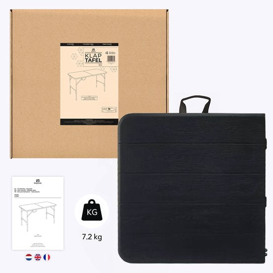 LifeGoods Zusammenklappbarer Tisch - 124x61,5 cm - Stabiler Klapptisch - Wetterfest - Zusammenklappbarer Esstisch - Campingtisch - Klapptisch für drinnen und draußen - Schwarze Holzmaserung