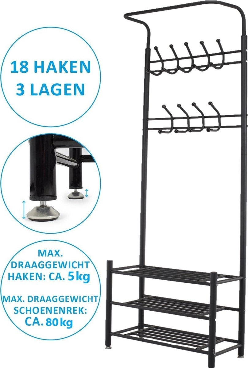 O'DADDYÂ¬Ã† Garderobenständer stehend - Garderobe mit Schuhablage - 18 Haken 2 Lagen Schuhablage 6 Paar - Garderobenständer Metall - 66 x 30 x 190 cm - schwarz