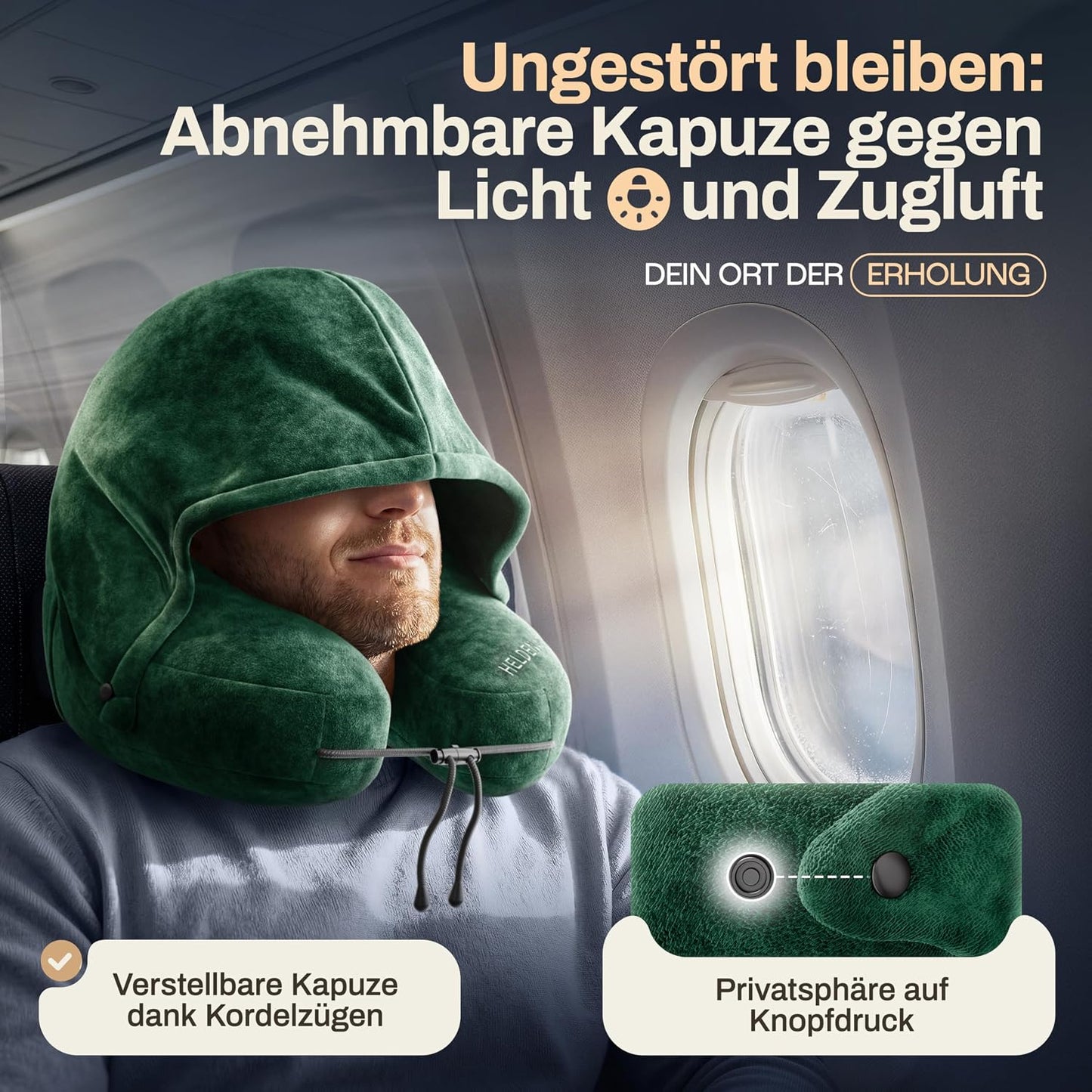 Heldenwerk® Premium Air Nackenkissen – ErgoRing – Aufblasbar – Mit Kapuze und Ohrstöpseln