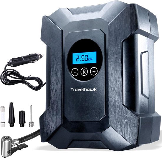 Travelhawk Compressor Tyre Pump - Elektrische Fahrradpumpe - Luftkompressor - Elektrisch 12V - 30 L/Min - 100psi - Tragbar - für Auto, Fahrrad, Motorrad
