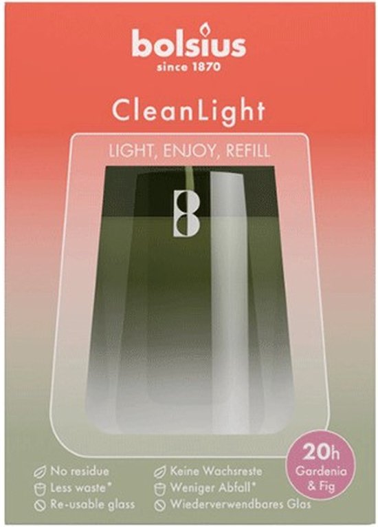 4 Stück Bolsius cleanlight transparentes Glas 115/55 mit Nachfüllpackung (20 Stunden) Gardenia - Fig