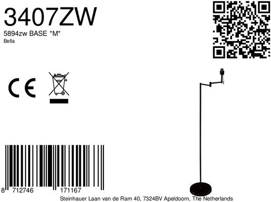 Stehlampe Bella 3407ZW – Schwarz mit schwenkbarem Arm, ausklappbar und Zugschalter – Mexlite – Zeitloses Design aus Kunststoff, Metall und Elektronik, Höhe 135 cm, Reichweite 45 cm