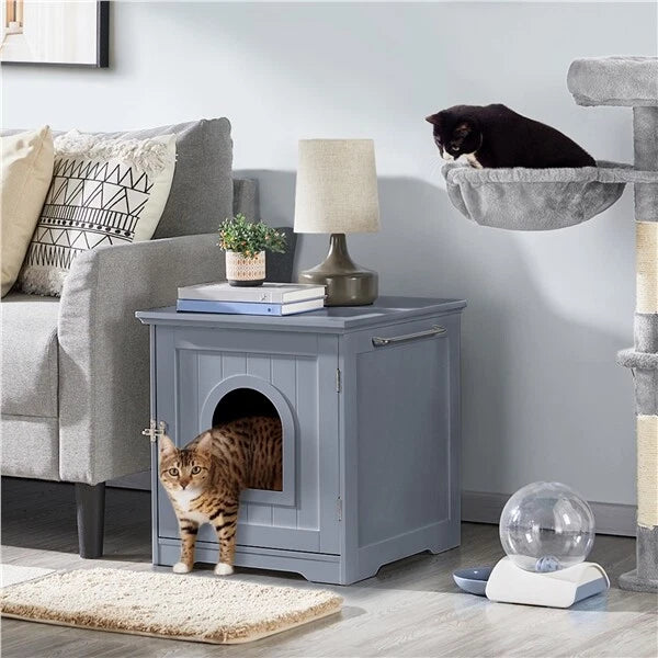 Yaheetech Katzentoiletten-Schrank 48,5 x 51 x 51,5 cm – Grau – Katzenhaus mit versteckter Katzentoilette und Beistelltisch