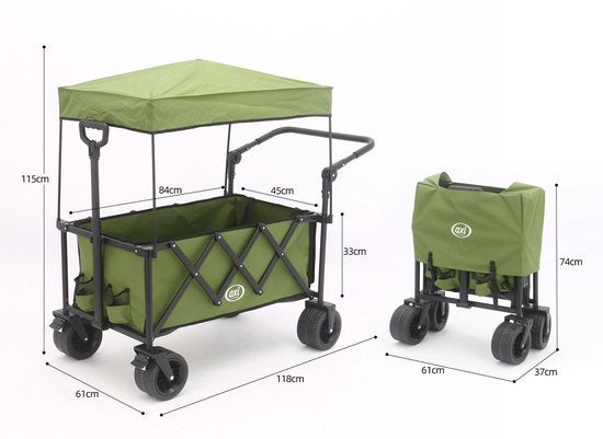 AXI SB221 Zusammenklappbarer Handwagen mit Dach – Grün – Mit Zugstange, Bremsen und Schutzhülle – 100 kg Tragkraft – Leicht zu transportieren – Metall