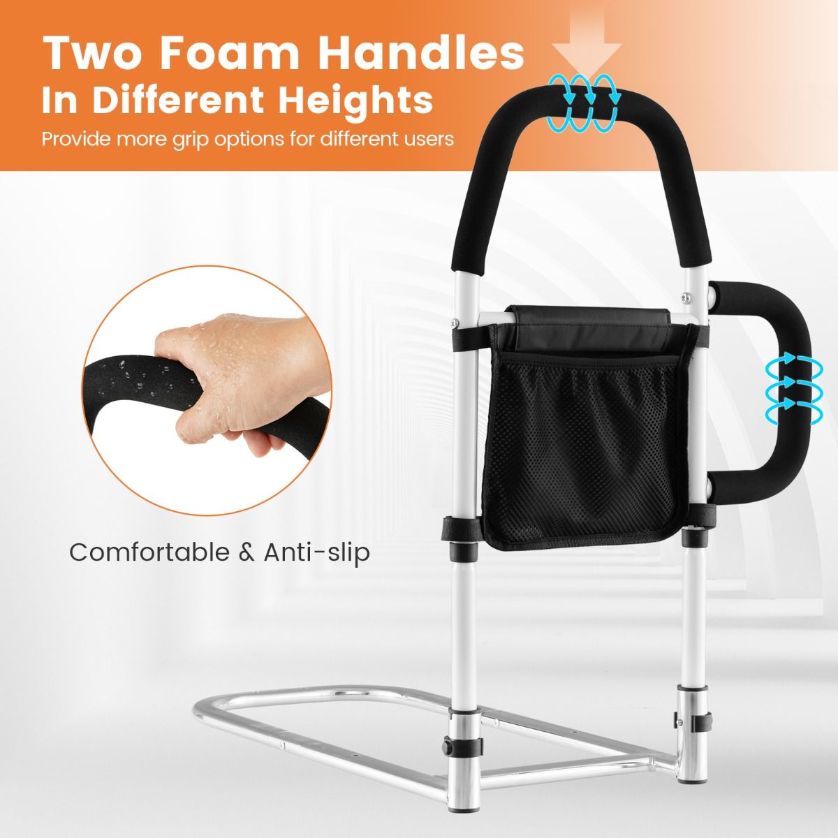 Coast Bettgitter für ältere Menschen - Doppelter Handlauf - Befestigungsgurt bis zu 136 kg - 61 x 40 x 64 cm - Weiß/Schwarz